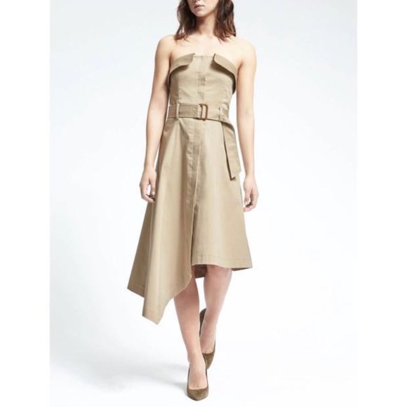 Banana Republic Asymmetrical Utility Trench Belted Strapless Tan/Khaki Dress - Picture 3 of 10